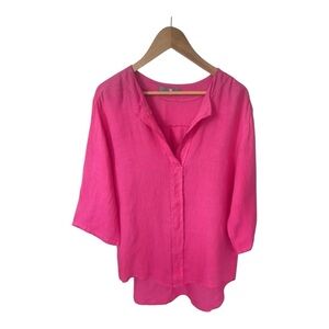 Linen Tunic Top 3/4 Sleeves Made in Italy Lagenlook Hot Pink Size M -L